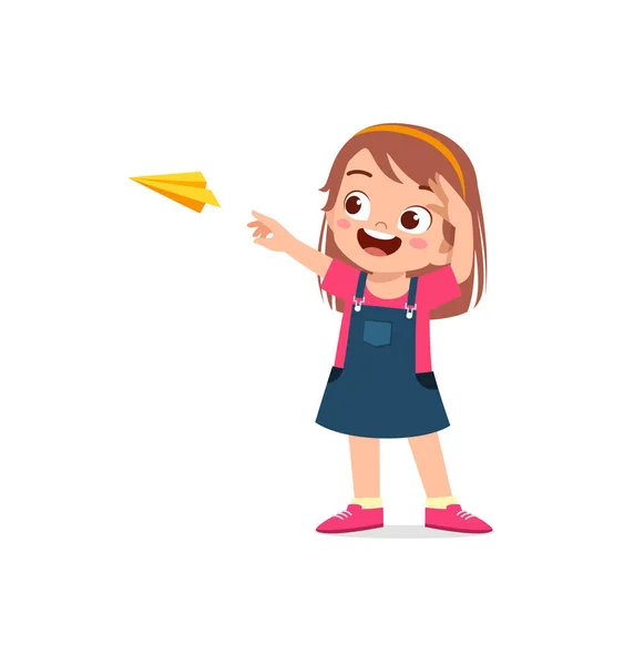 Aranyos Kislány Játszani Papír Repülőgép Úgy Érzi Boldog — Stock Vector