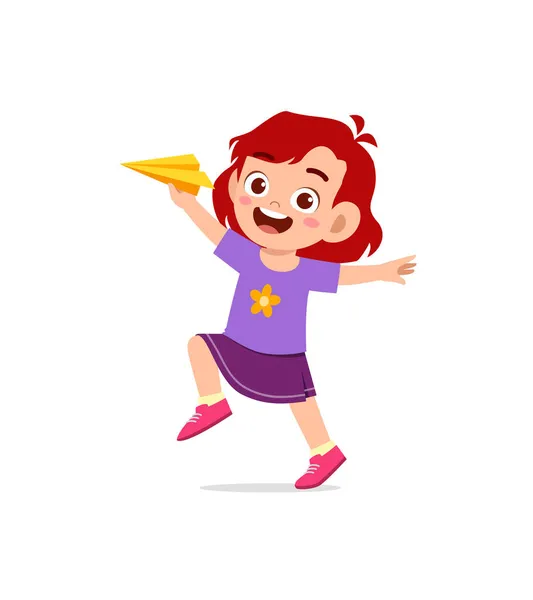 Słodkie Dziewczynka Grać Papier Samolot Czuć Się Szczęśliwy — Wektor stockowy