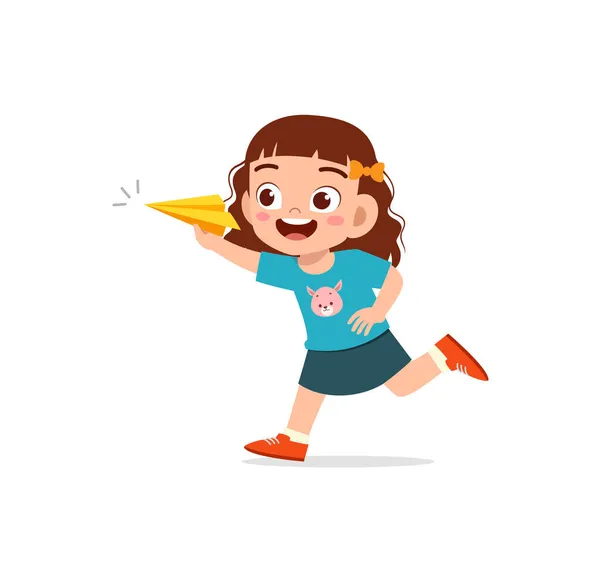 Χαριτωμένο Κοριτσάκι Παίζουν Αεροπλάνο Χαρτί Και Αισθάνονται Ευτυχισμένοι — Διανυσματικό Αρχείο