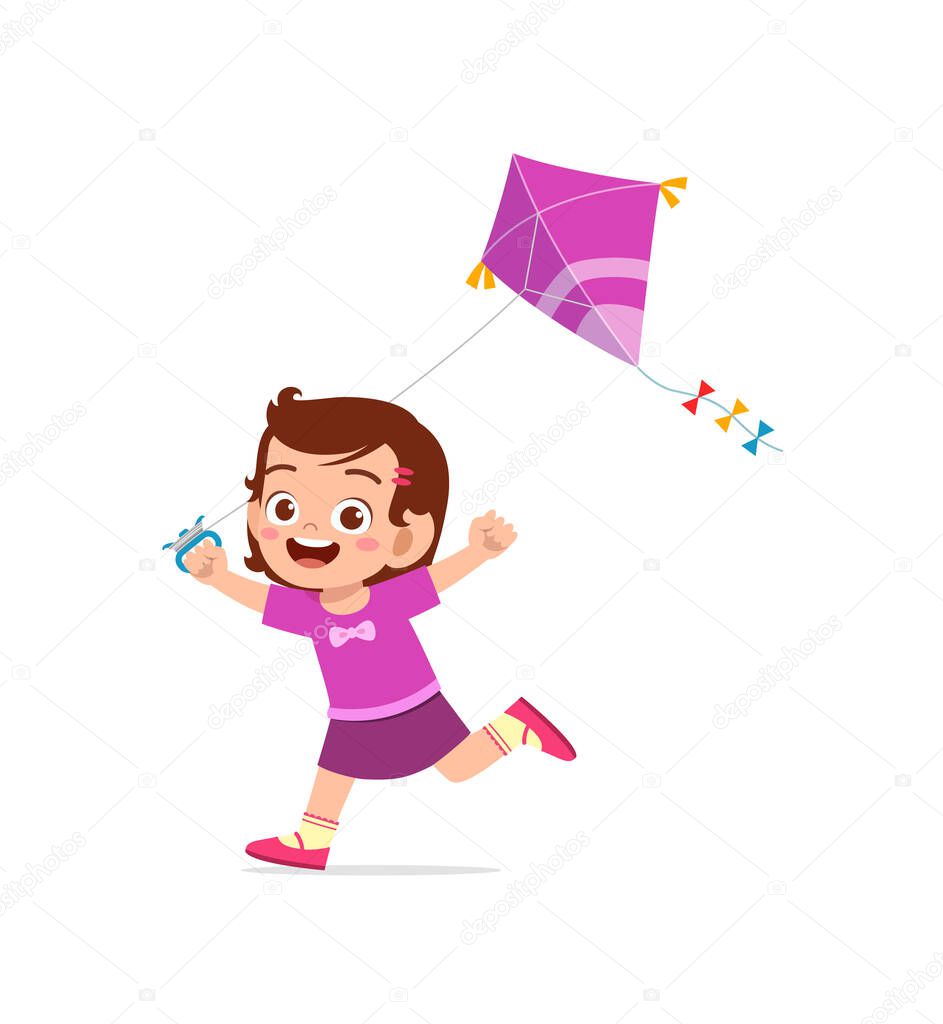 cute little girl play kite outside and feel happy