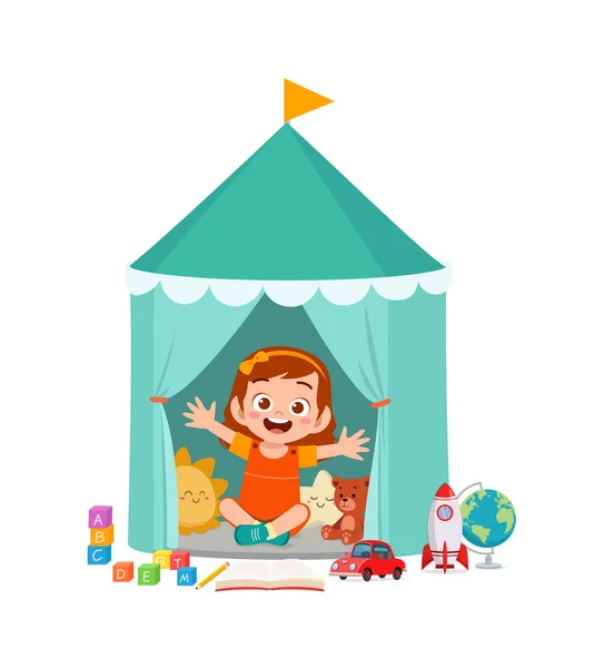 Schattig Klein Meisje Spelen Binnen Kleine Tent — Stockvector