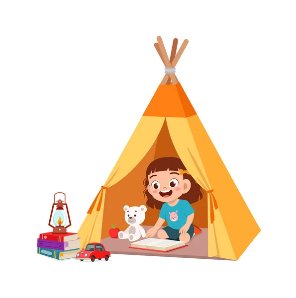 Милая Маленькая Девочка Играет Маленькой Палатке — стоковый вектор