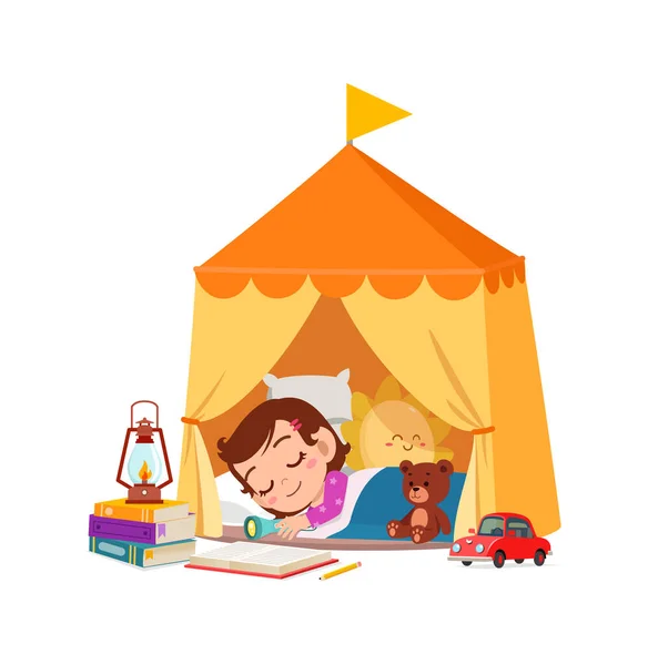 Mignonne Petite Fille Dormir Dans Petite Tente — Image vectorielle