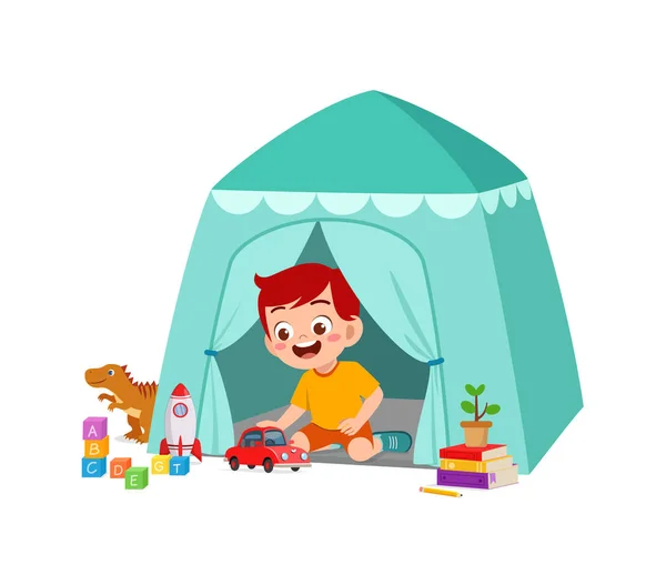 Lindo Niño Jugar Dentro Pequeña Tienda — Vector de stock