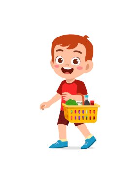 Sevimli küçük çocuk alışveriş sepeti taşıyor.