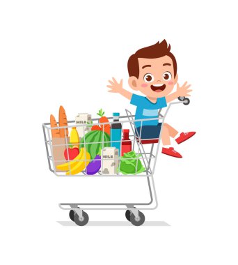 Şirin çocuk, alışveriş arabasında otur.