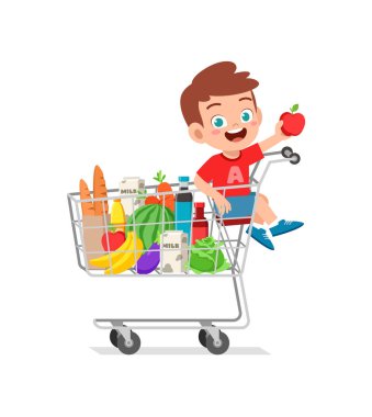 Şirin çocuk, alışveriş arabasında otur.