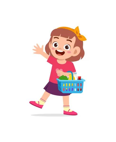 かわいい女の子は食料品でいっぱいのバスケットを運ぶ — ストックベクタ