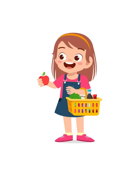 Cute Little Girl Carry Basket Full Groceries — стоковый вектор