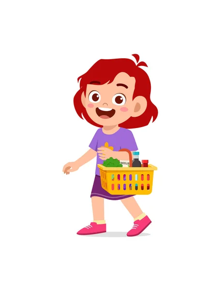 Cute Little Girl Carry Basket Full Groceries — стоковый вектор