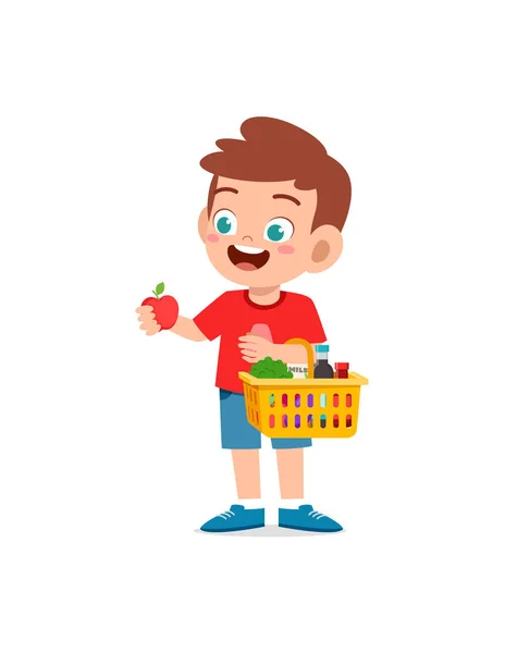 Cute Little Boy Carry Basket Full Groceries — Vetor de Stock