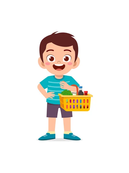 かわいい男の子が食料品でいっぱいのバスケットを運ぶ — ストックベクタ