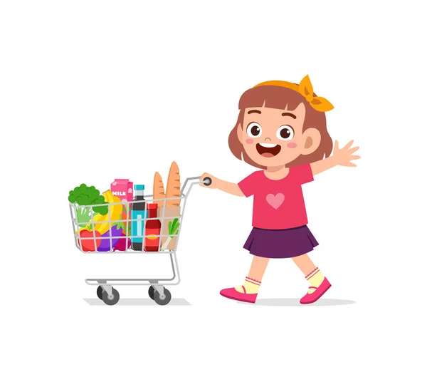 かわいい女の子が食料品でいっぱいのショッピングカートを押して — ストックベクタ