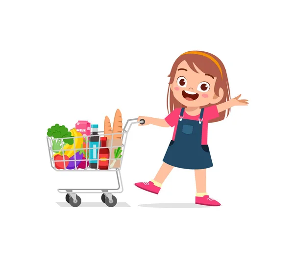 Linda Niña Empujar Carrito Compras Lleno Comestibles — Archivo Imágenes Vectoriales