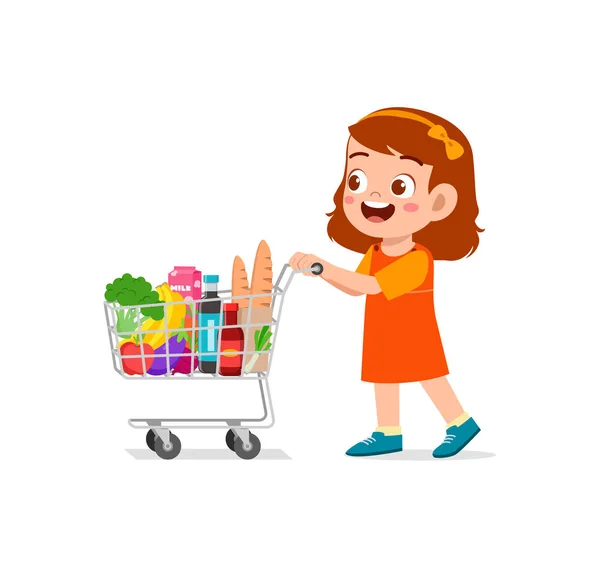 Cute Little Girl Push Shopping Cart Full Groceries —  Vetores de Stock