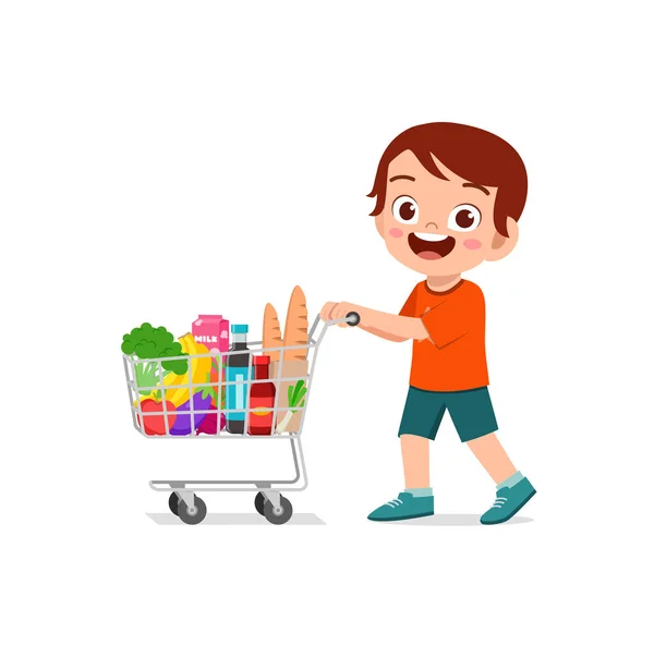 Netter Kleiner Junge Schiebt Einkaufswagen Voller Lebensmittel — Stockvektor