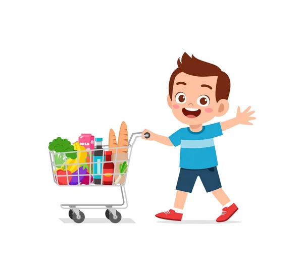 Netter Kleiner Junge Schiebt Einkaufswagen Voller Lebensmittel — Stockvektor