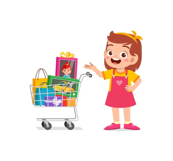 Cute Little Girl Push Shopping Cart Full Groceries — стоковый вектор