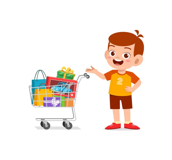 Cute Little Boy Push Shopping Cart Full Groceries — стоковый вектор