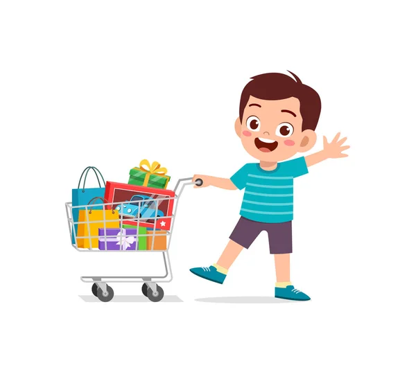 Cute Little Boy Push Shopping Cart Full Groceries — 图库矢量图片