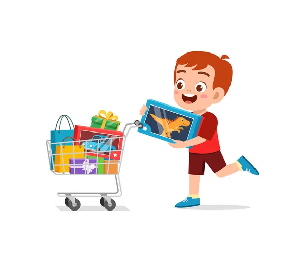 Cute Little Boy Push Shopping Cart Full Groceries — Vetor de Stock