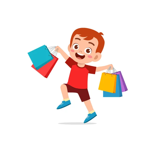 Cute Little Boy Carry Many Sopping Bags — Vetor de Stock