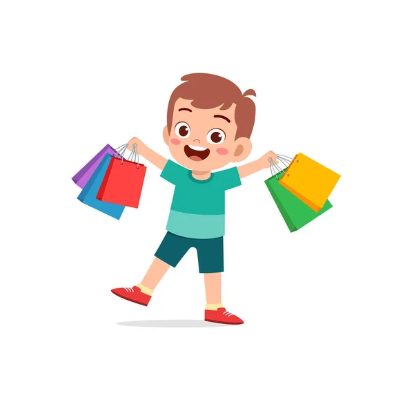 Cute Little Boy Carry Many Sopping Bags — Vetor de Stock