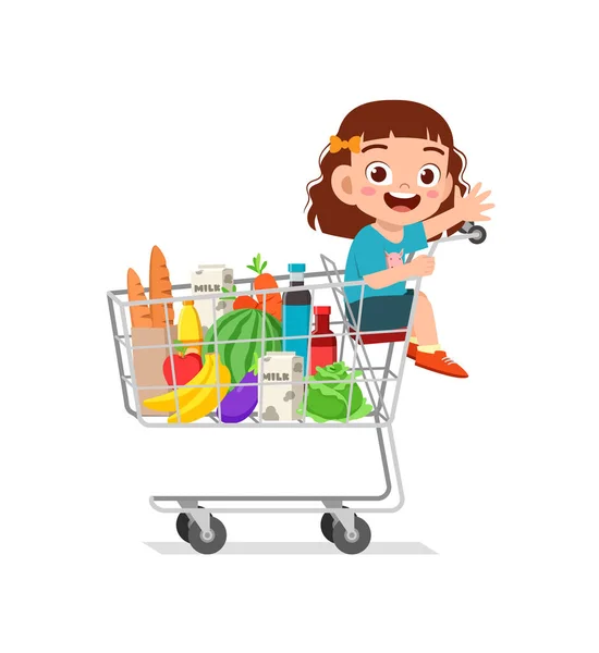 Linda Niña Sienta Carrito Compras — Vector de stock