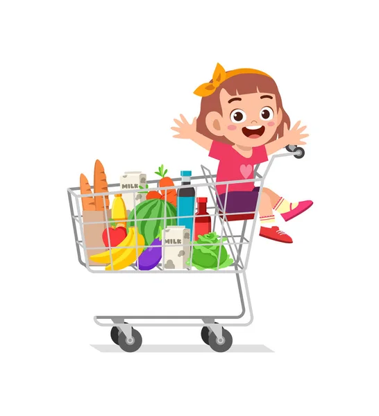 Linda Niña Sienta Carrito Compras — Vector de stock