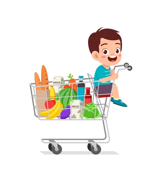 Lindo Niño Pequeño Sentarse Carrito Compras — Vector de stock