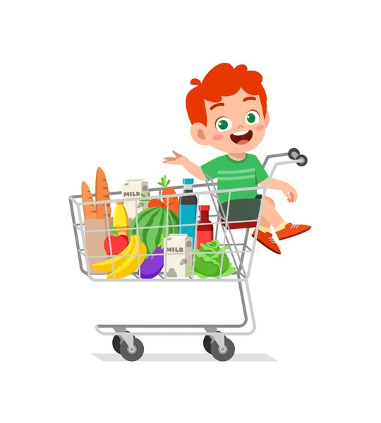 Cute Little Boy Sit Shopping Cart — Stock Vector