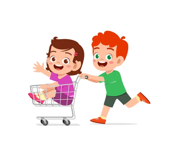 Little Kid Ride Trolley Friend Push While Run —  Vetores de Stock