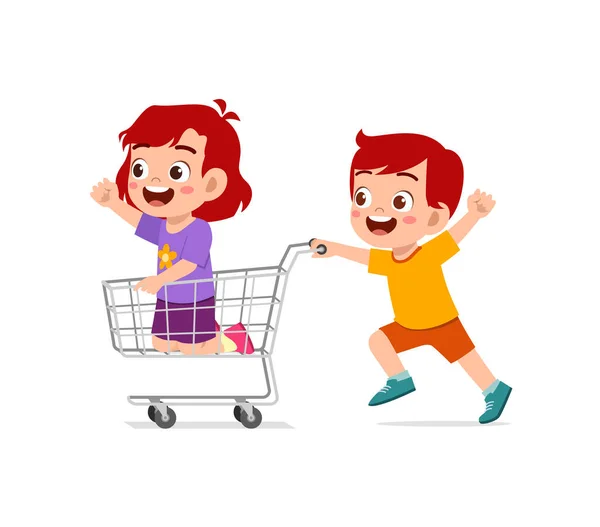 Little Kid Ride Trolley Friend Push While Run —  Vetores de Stock