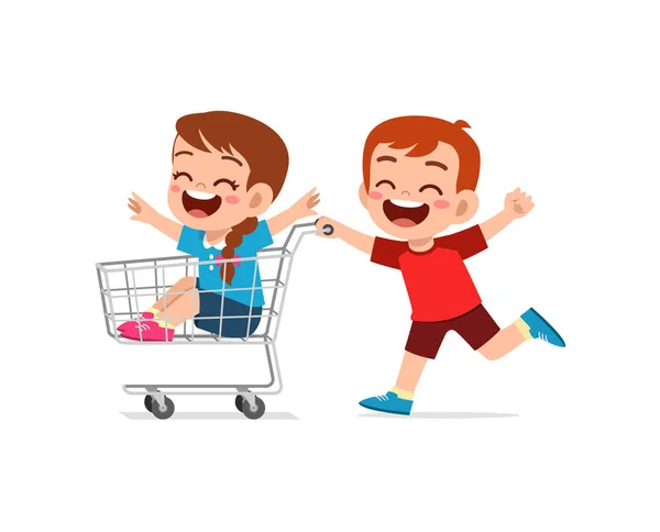 Little Kid Ride Trolley Friend Push While Run —  Vetores de Stock