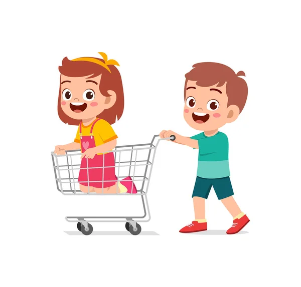 Little Kid Ride Trolley Friend Push While Run —  Vetores de Stock