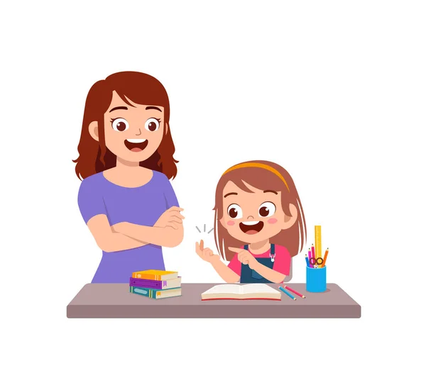 Cute Little Girl Study Math Mother — Vetor de Stock