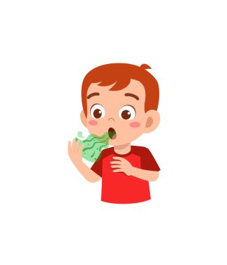 cute little boy check bad breath on mouth
