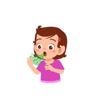 cute little girl check bad breath on mouth