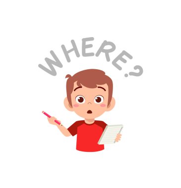 cute little boy holding note book as journalist