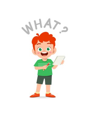cute little boy holding note book as journalist