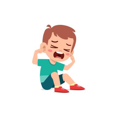 Sevimli küçük çocuk kulağını gürültüden koruyor.