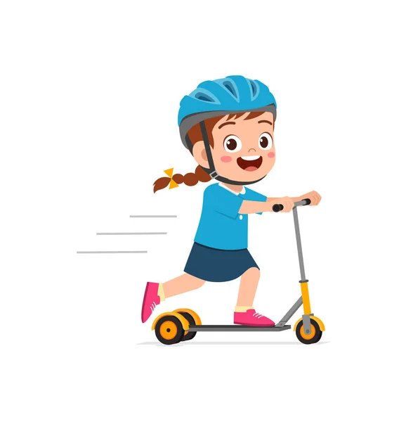 Schattig Klein Meisje Rijden Scooter Dragen Helm — Stockvector
