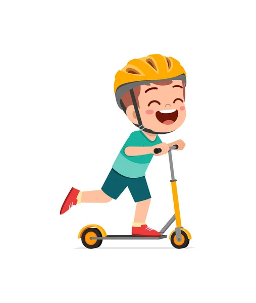 Cute Little Boy Riding Scooter Wear Helmet — Stock Vector