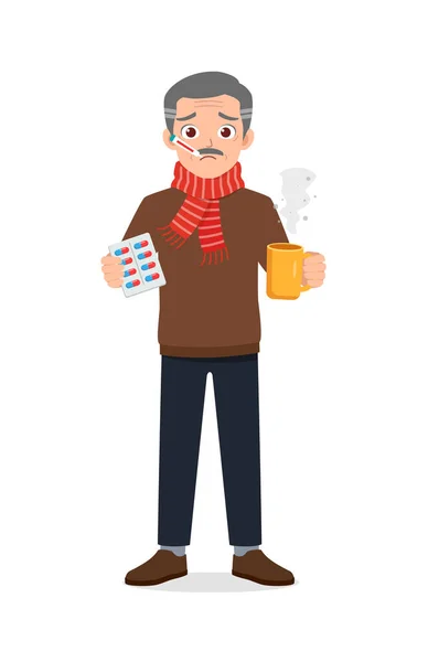 Üzgün Yaşlı Adam Grip Olur Ilaç Alır — Stok Vektör
