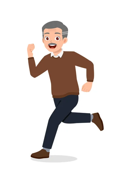 Viejo Hombre Espectáculo Corriendo Pose Sonrisa — Vector de stock