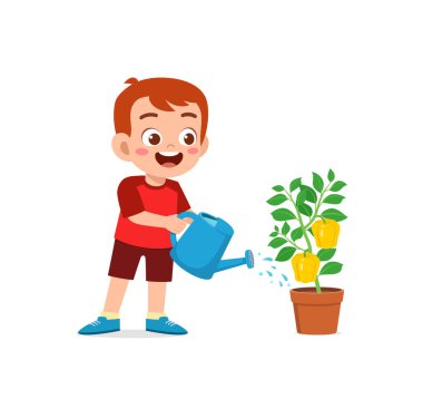 Şirin çocuk kırmızı biber ağacını suluyor.