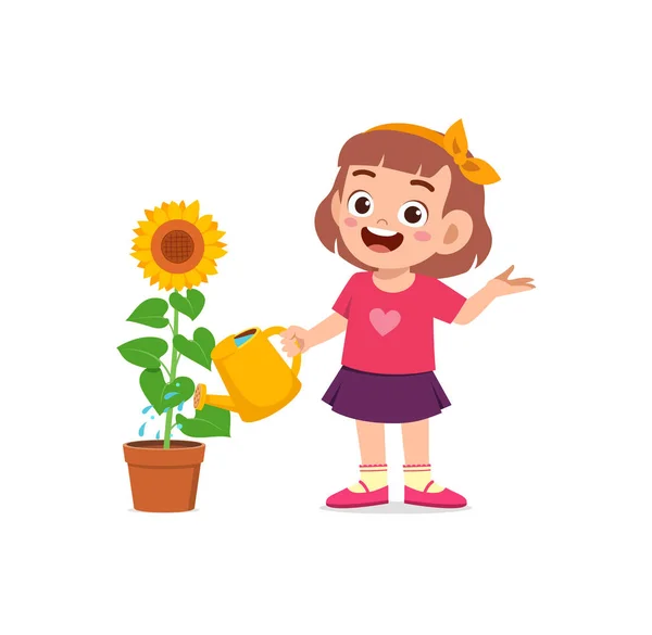 可爱的小女孩站在那里浇花 — 图库矢量图片