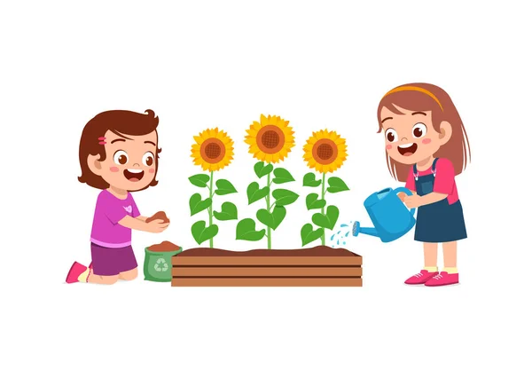 Χαριτωμένο Κοριτσάκι Σταθεί Και Πότισμα Λουλούδι Ήλιο — Διανυσματικό Αρχείο