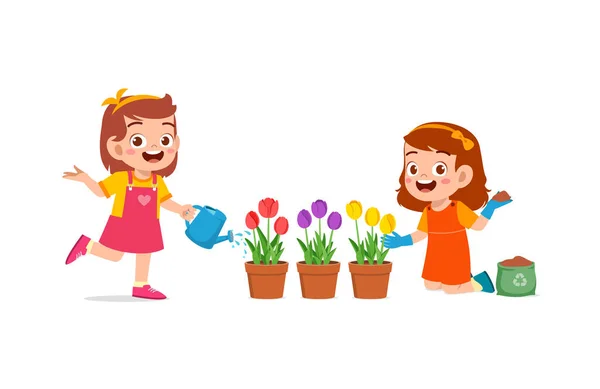 Cute Little Girl Stand Watering Flower — Stock Vector