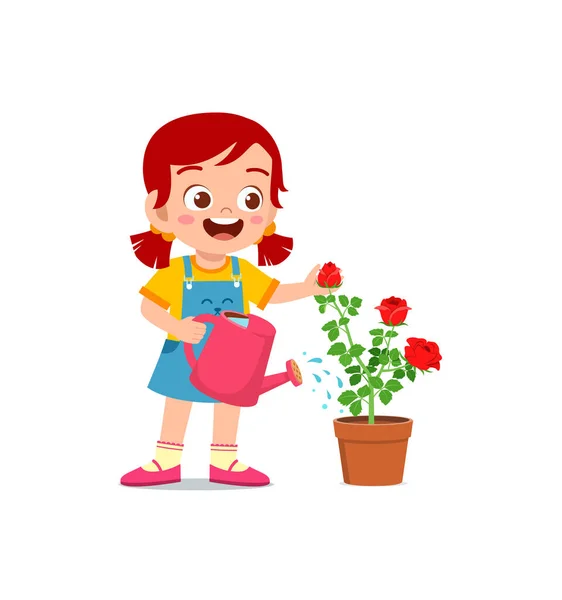 Linda Niña Pie Regar Flor Rosa — Vector de stock